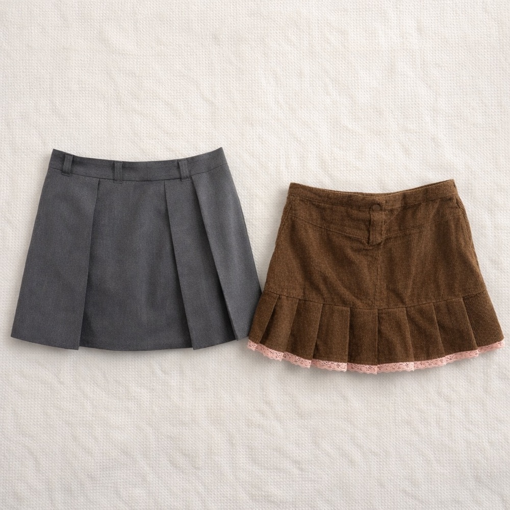 Lot of 2 trendy Y2K pleated Gray and Brown Mini Skirts - Uniqlo and Cider